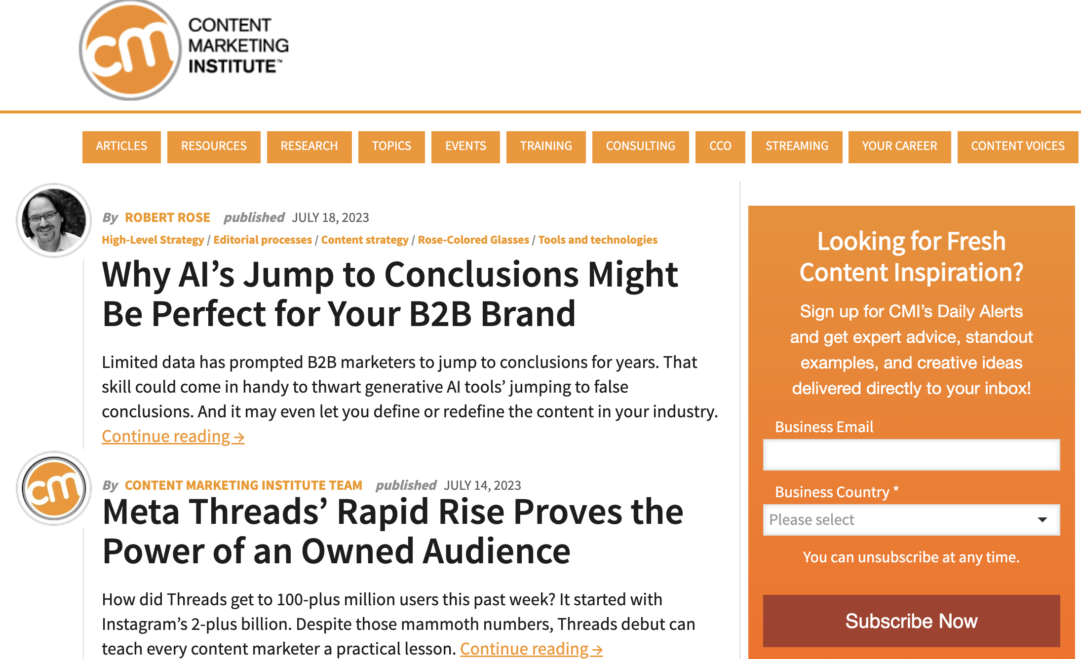 Content marketing institute blog page.