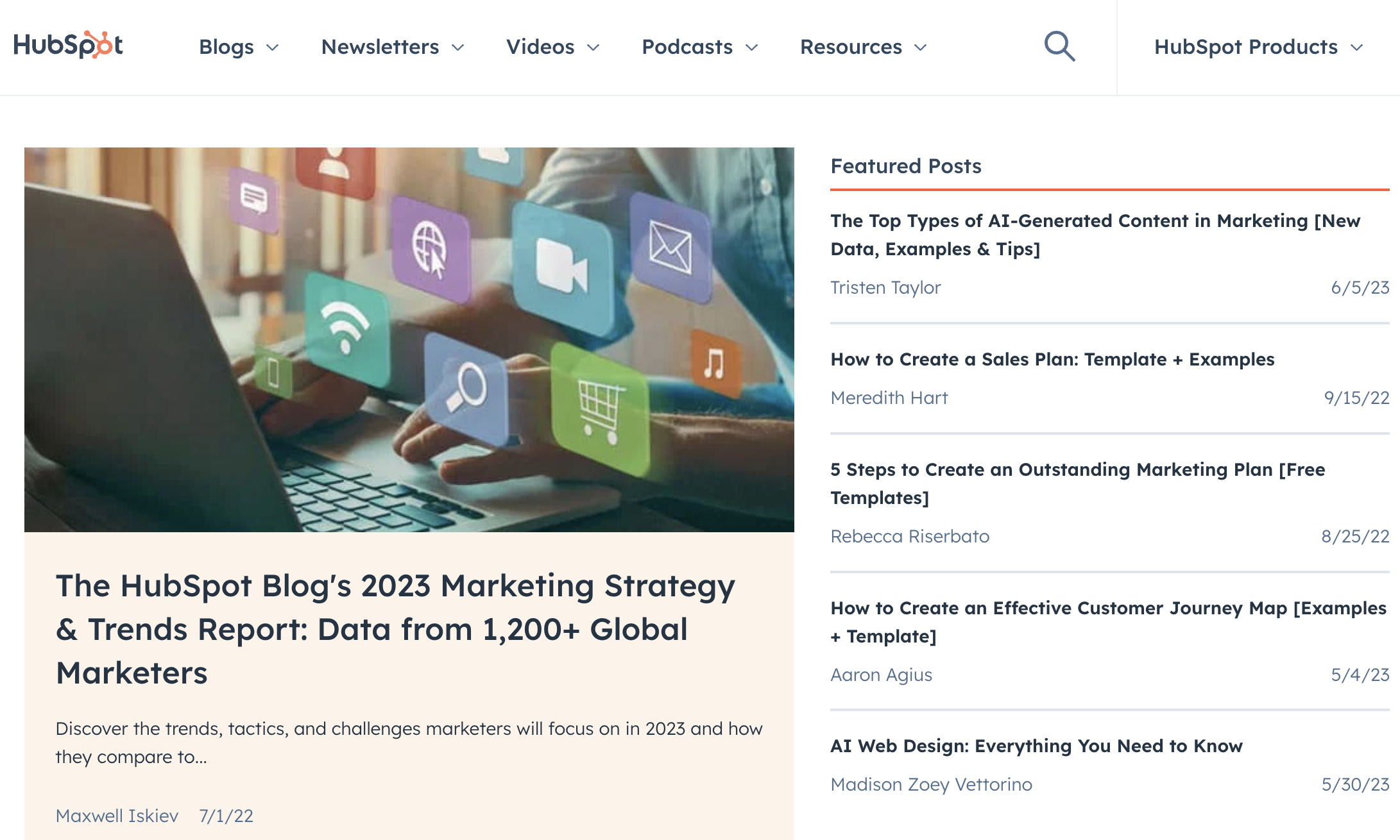 A screenshot of Hubspot's blog section.