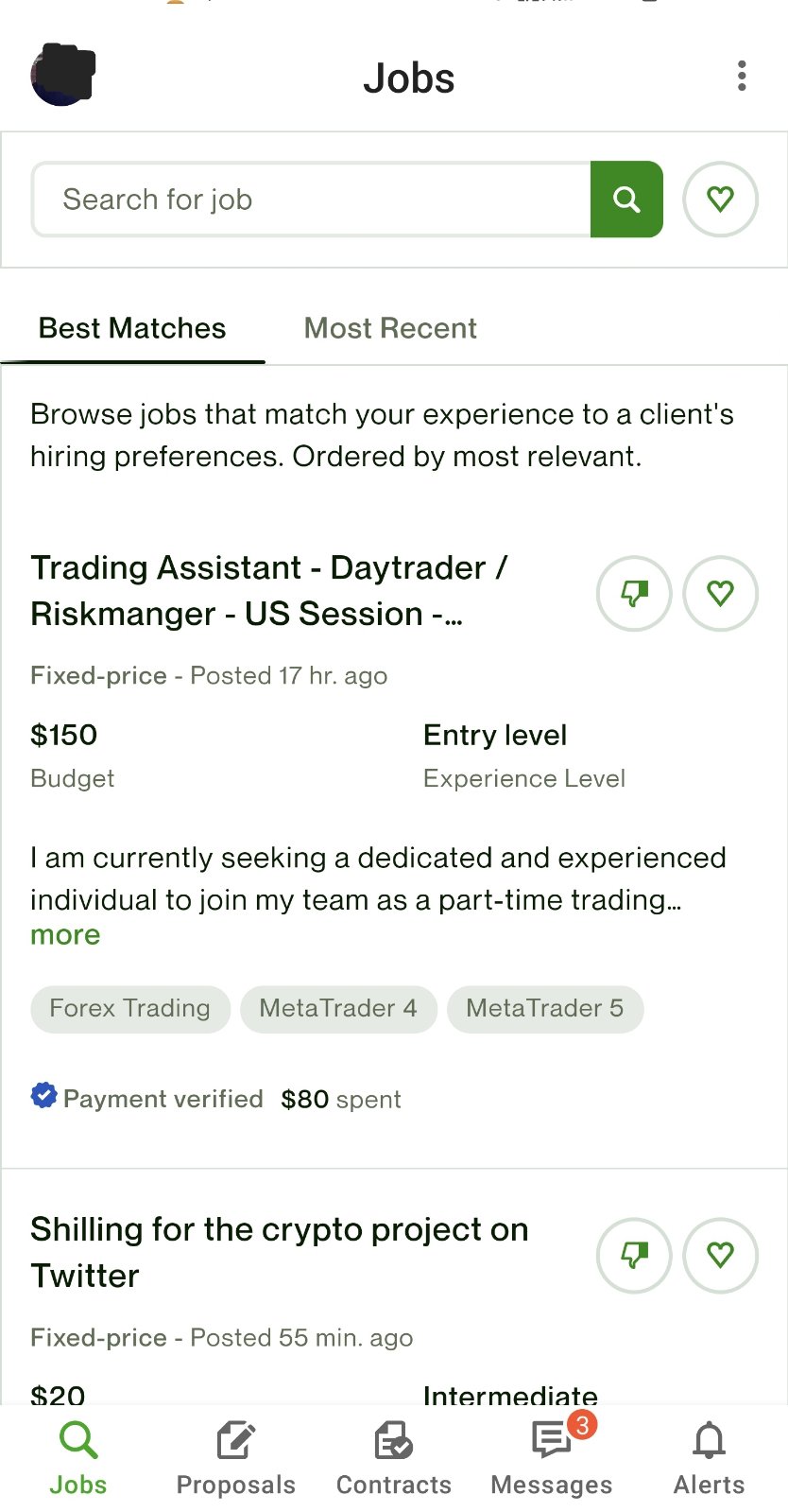 Upwork mobile app layout